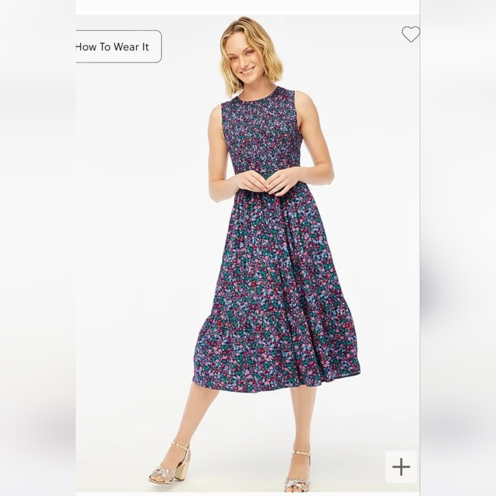 J. Crew Navy Floral Midi Dress with Pink & Teal Accents